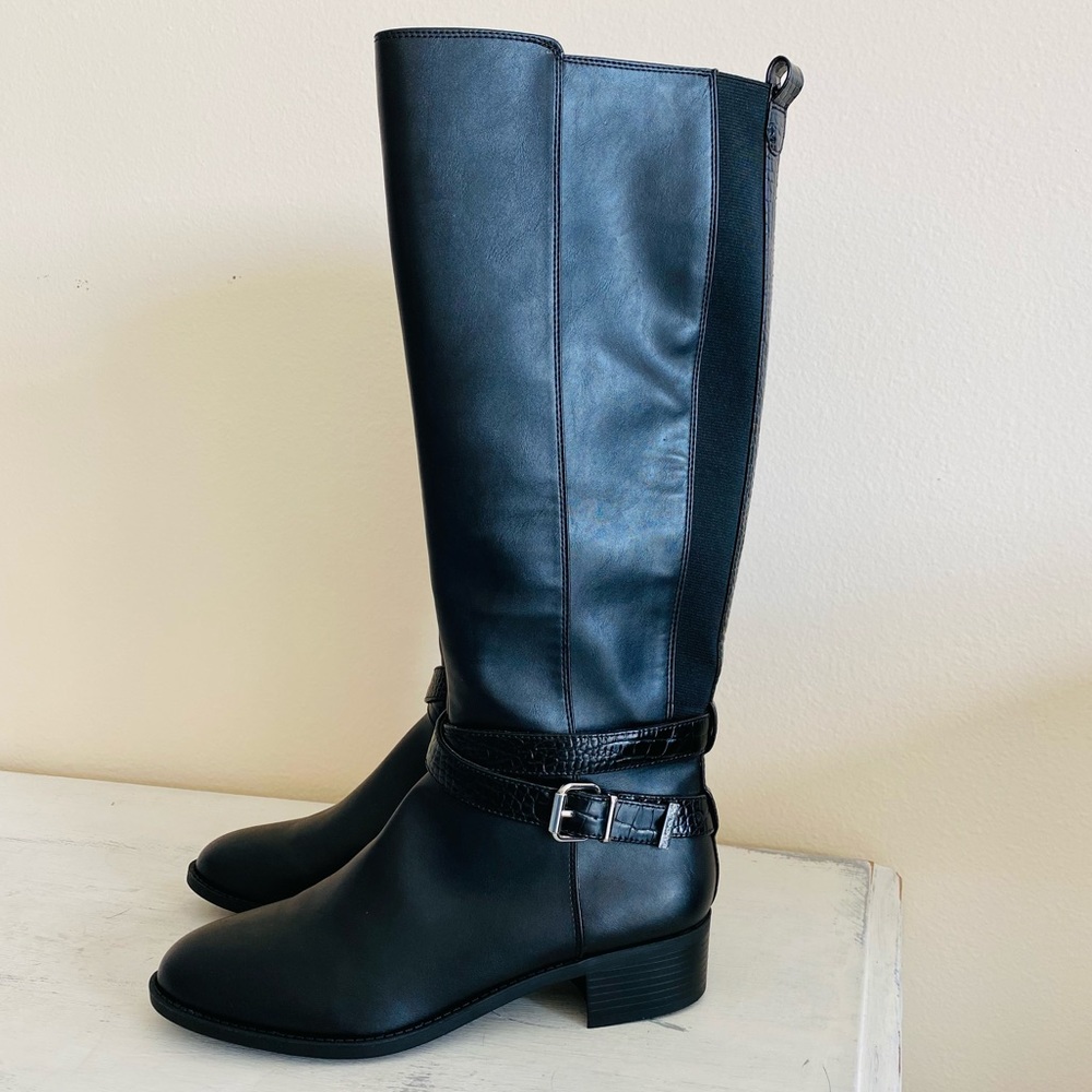 New Bandolino Noles Knee High Black Croc Skin Ankle Strap Tall Riding Boots - Picture 4 of 9